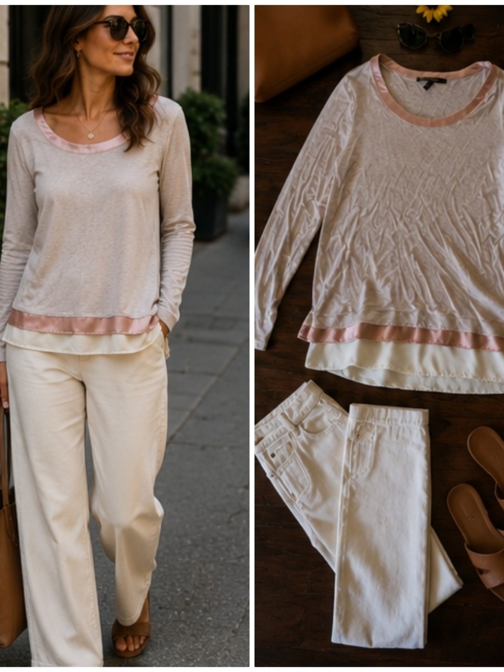 White House Black Market Light Taupe Long Sleeve Layered Top with Blush Trim